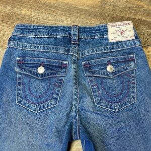 True Religion Billie Mid Rise Straight Jeans Pink Stitch Pockets Women’s 28x33